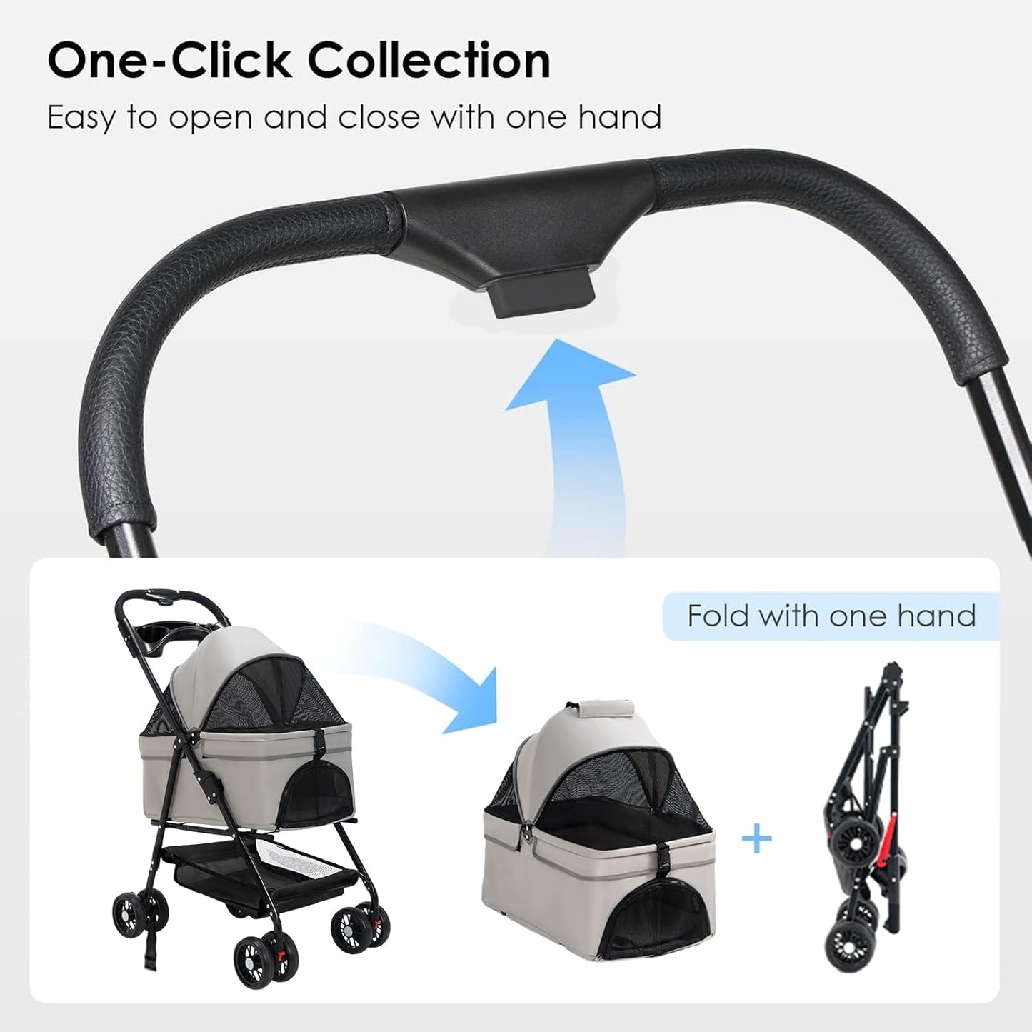 Foldable Pet Stroller, 4 Wheels Cat Dog Stroller for Jogging Travel, Sun Shade, Cup Holder, Mesh Window, 360° Rotated Wheels, Foot Brake, Easy One-Hand Fold