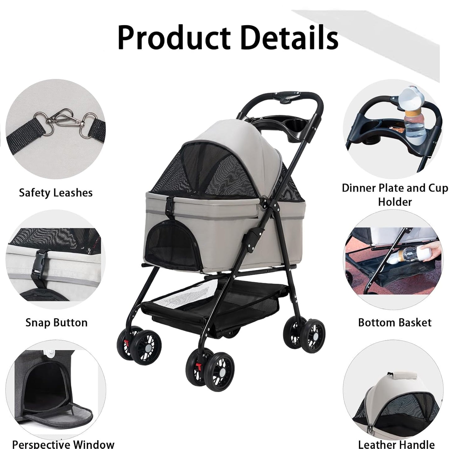 Foldable Pet Stroller, 4 Wheels Cat Dog Stroller for Jogging Travel, Sun Shade, Cup Holder, Mesh Window, 360° Rotated Wheels, Foot Brake, Easy One-Hand Fold