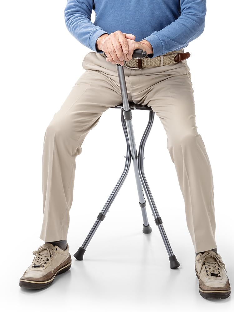Crossing Foldable Walking Stick With Seat Hiking Crutches Stool, Height Adjustment, T-Handle, Non-Slip, Portable Folding Cane Chairs for Seniors
