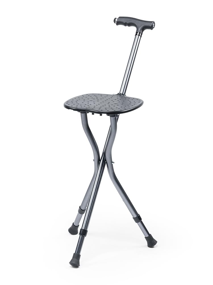 Crossing Foldable Walking Stick With Seat Hiking Crutches Stool, Height Adjustment, T-Handle, Non-Slip, Portable Folding Cane Chairs for Seniors
