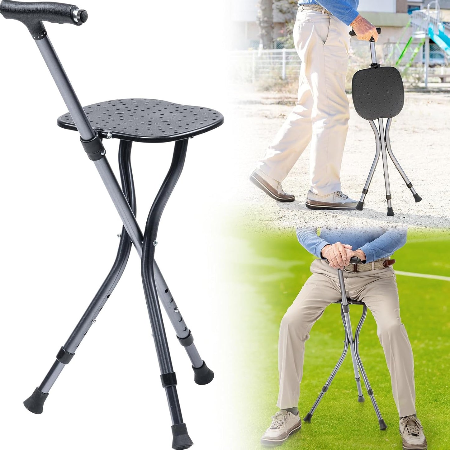 Crossing Foldable Walking Stick With Seat Hiking Crutches Stool, Height Adjustment, T-Handle, Non-Slip, Portable Folding Cane Chairs for Seniors