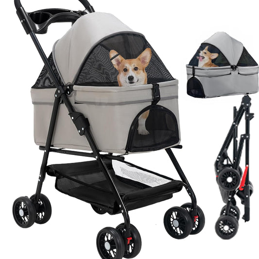 Foldable Pet Stroller, 4 Wheels Cat Dog Stroller for Jogging Travel, Sun Shade, Cup Holder, Mesh Window, 360° Rotated Wheels, Foot Brake, Easy One-Hand Fold