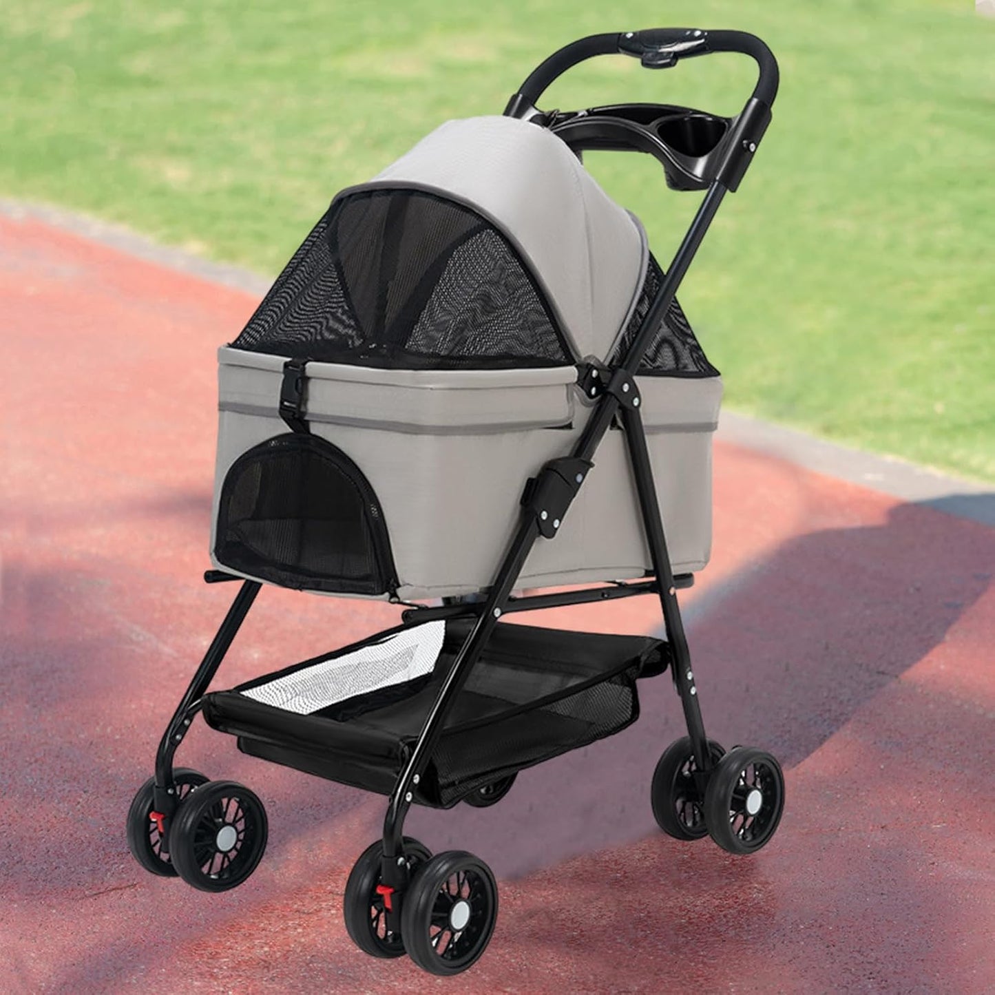 Foldable Pet Stroller, 4 Wheels Cat Dog Stroller for Jogging Travel, Sun Shade, Cup Holder, Mesh Window, 360° Rotated Wheels, Foot Brake, Easy One-Hand Fold