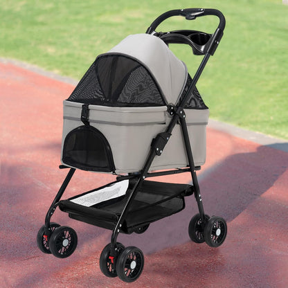 Foldable Pet Stroller, 4 Wheels Cat Dog Stroller for Jogging Travel, Sun Shade, Cup Holder, Mesh Window, 360° Rotated Wheels, Foot Brake, Easy One-Hand Fold