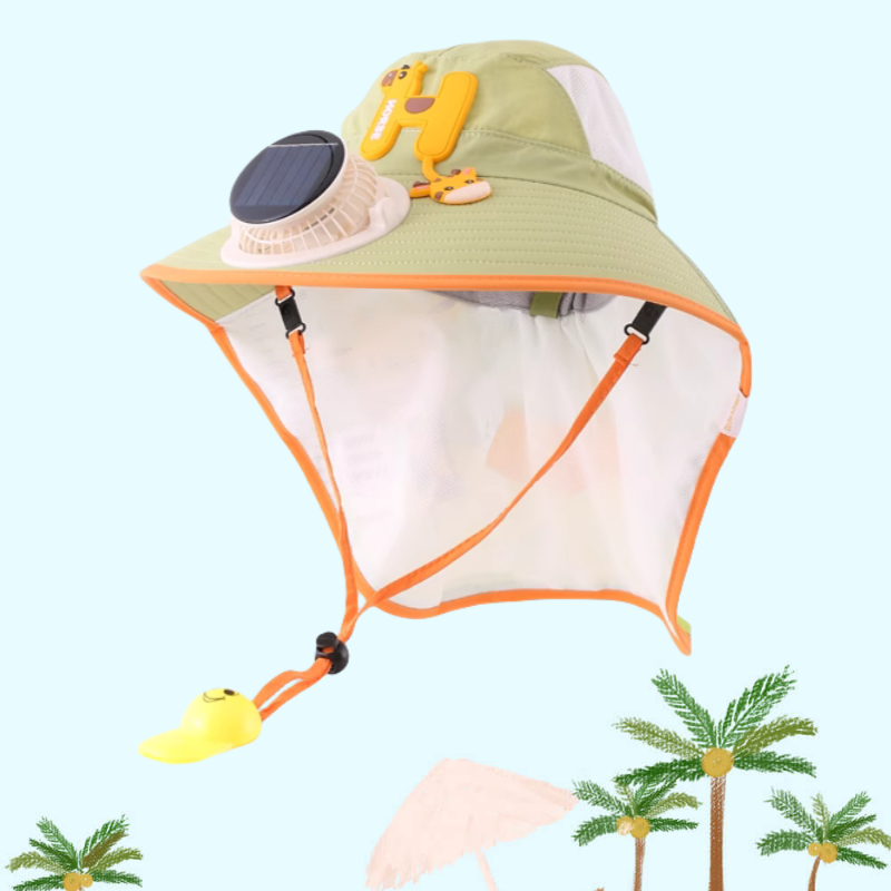 Cooling Fan Cartoon Hat Kids 3-12Years Quick Drying Solar Powered Sun Protective Children Fishing